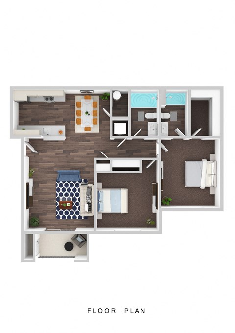 Floor plan for 2 beds, 2 baths, 905 sqft